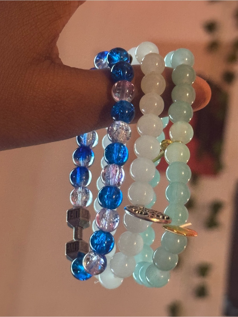 Stack of Blue and Aqua Beaded Stretch Bracelets